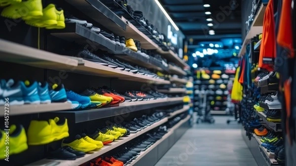 Fototapeta A vibrant display of athletic shoes in a retail store showcasing various styles and colors.