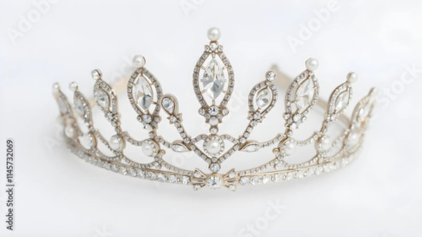 Fototapeta A tiara adorned with sparkling rhinestones and pearls, isolated on white.