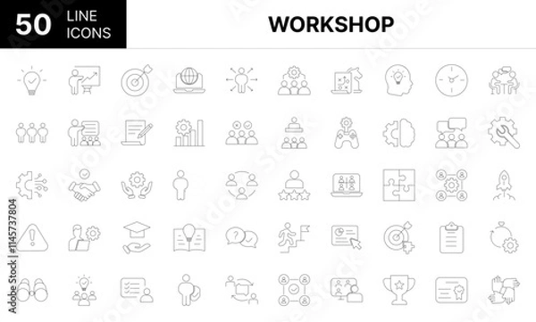 Obraz Collection of 50 Workshop line icons featuring editable strokes. These outline icons depict various modes of Workshop, training, set, people, seminar, line, business, 