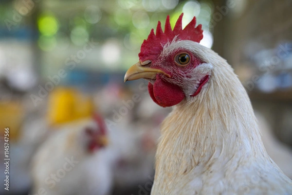 Obraz Group of white chickens inside a poultry farm, captured in natural light. Ideal for visuals related to farming, rural life, livestock management, and food production industries.