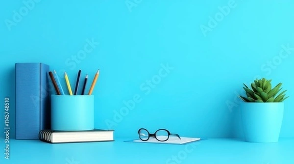 Fototapeta A minimalist workspace featuring blue decor, books, stationery, glasses, and a small plant on a solid blue background.