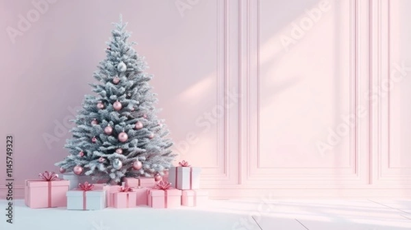 Fototapeta Elegant Christmas tree adorned with ornaments and surrounded by beautifully wrapped gift boxes in a soft pastel room decor.