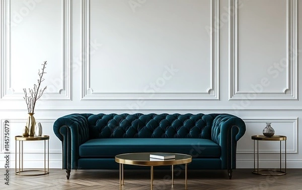 Fototapeta Teal velvet tufted sofa in elegant room with gold accents and white wall paneling.
