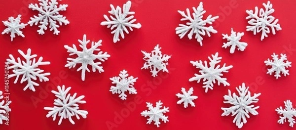 Fototapeta White snowflakes arranged artistically on a vibrant red background showcasing winter's beauty and festive spirit in a striking contrast.