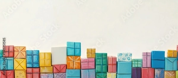 Fototapeta Colorful assortment of gift boxes arranged in a borderline on a neutral background for festive and celebration themes