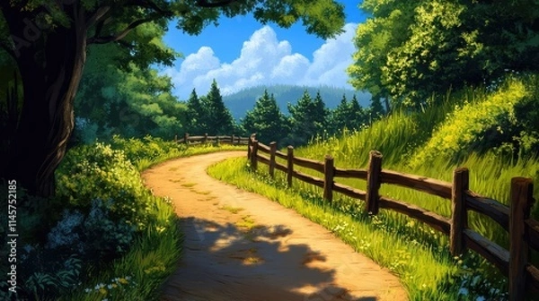 Fototapeta Scenic winding road with a rustic wooden fence surrounded by lush greenery and vibrant blue skies illustrating nature's tranquility.