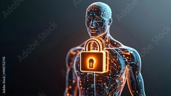 Fototapeta cyber security: digital human with lock - ai and machine learning