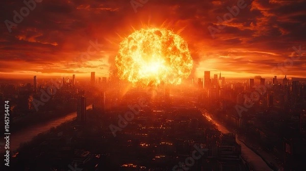 Fototapeta Explosion, destruction, armageddon in a city from nuclear attack with fire and smoke represent an abstract background, war flame, bomb impact in a street, death, and burning from an atom weapon.