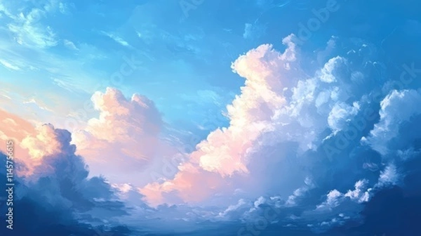 Fototapeta Serene sky with fluffy clouds illuminated by soft sunlight at dusk creating a tranquil and picturesque atmosphere