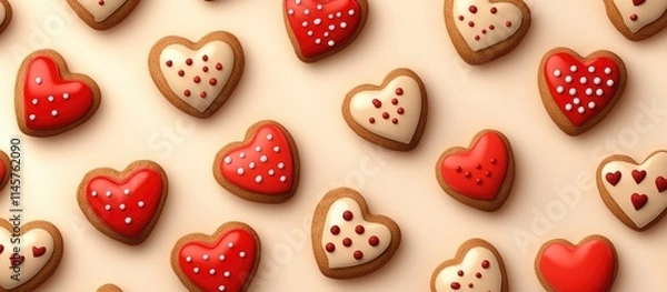 Fototapeta Seamless pattern of beautifully decorated heart shaped cookies perfect for festive designs and romantic themes in vibrant colors and textures.