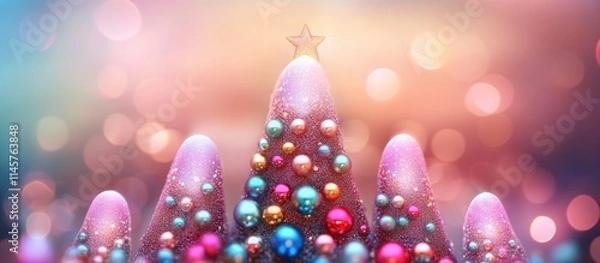 Fototapeta Festive abstract Christmas backdrop with a beautifully decorated tree and soft bokeh lights creating a joyful holiday atmosphere.