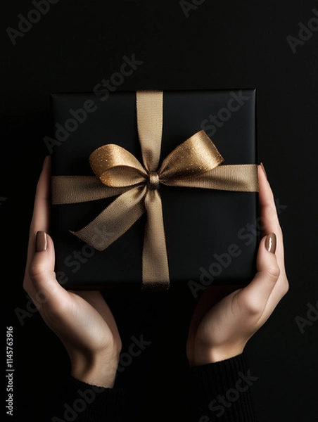 Obraz A woman's hands holding a black gift box with a gold bow