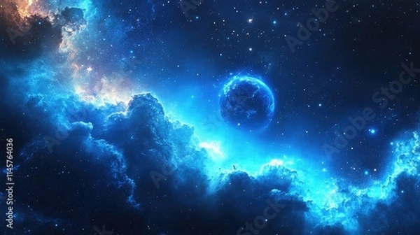 Fototapeta Blue cosmic clouds and starry sky with planet creating a serene and vast space landscape for nature and science fiction themes