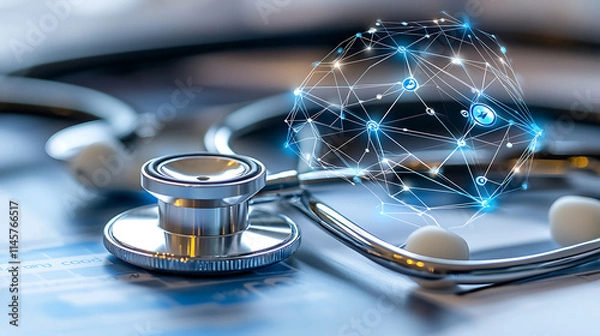 Obraz Healthcare innovation stethoscope and data visualization medical office digital technology close-up progress and connectivity