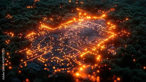 Fototapeta Information technology circuits and cables connect a computer with a CPU, visualizing programming, server connections, neon graphics, and a digital abstract network.