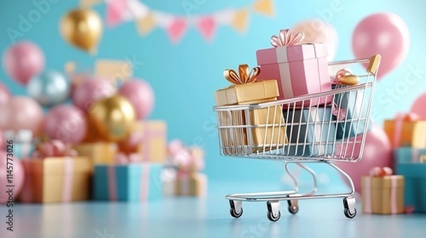 Fototapeta Shopping spree sale rush concept. A shopping cart filled with colorful gifts surrounded by festive balloons and decorations against a vibrant blue background.