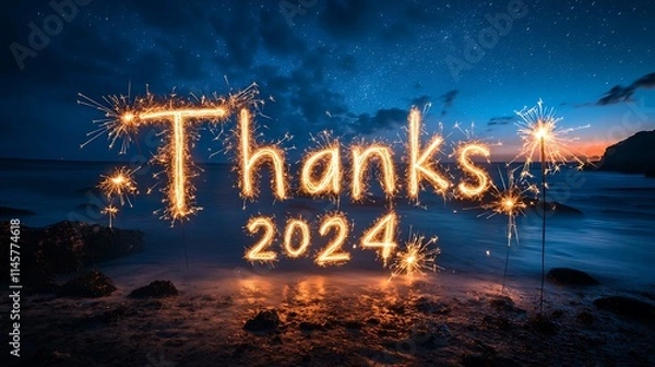 Fototapeta Sparklers create Thanks 2024 message on beach at night