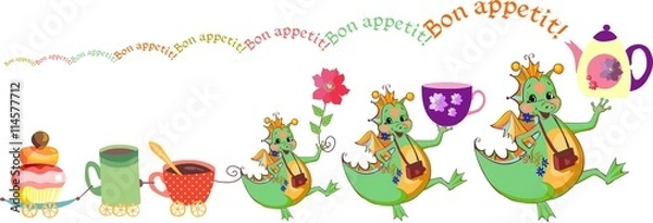 Obraz Happy dragons wish bon appetit. Cute card with dragons, teacups and cupcake train. Vector illustration.