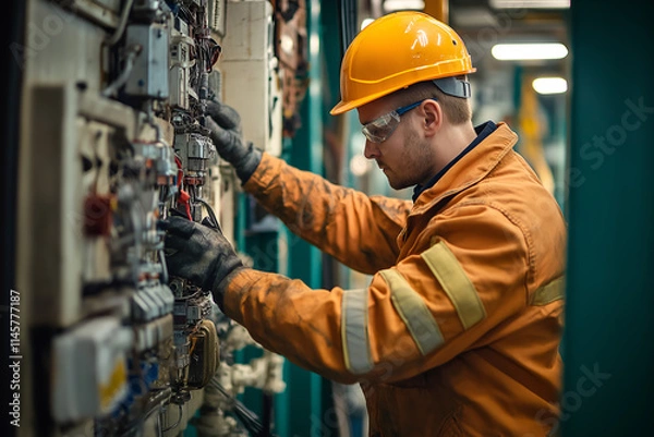 Fototapeta Friendly offshore electrician, working on electrical systems of an offshore platform, looking at camera, Close-up outdoors portrait