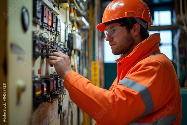 Fototapeta Friendly offshore electrician, working on electrical systems of an offshore platform, looking at camera, Close-up outdoors portrait