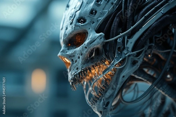 Fototapeta Futuristic robotic skull with intricate wiring and glowing eyes in a dimly lit industrial setting