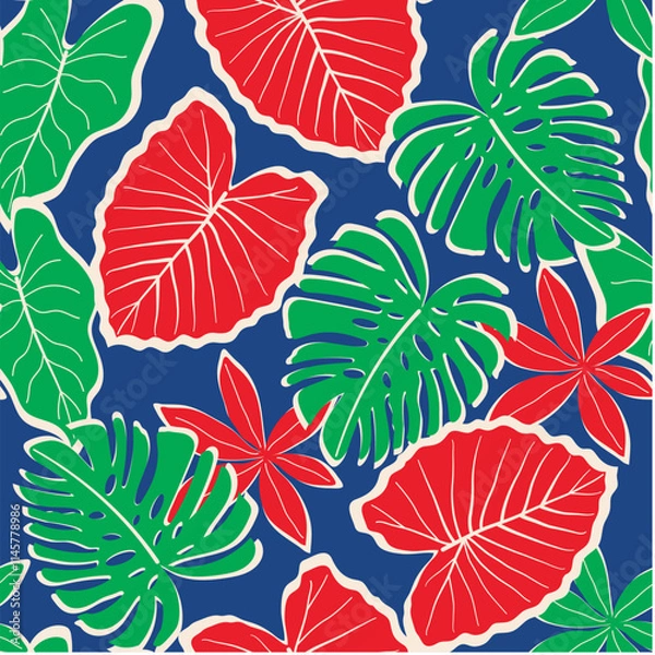 Fototapeta Abstract seamless tropical pattern with bright plants and leaves on a dark blue background. Trendy summer Hawaii print. Summer colorful hawaiian seamless pattern with tropical plants.