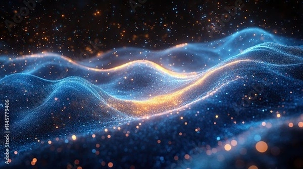 Fototapeta Neon blue illustrations of waves and particles represent connection, futuristic technology, digital transformation, big data, electricity, energy, programming software, and cloud computing.