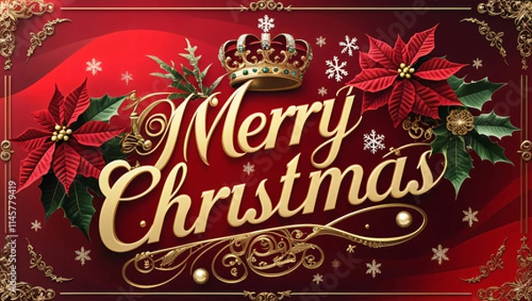 Fototapeta The deep red background, grading to a warm gold hue, evokes a sense of luxury and sophistication, with smooth, ornate edges and subtle, sparkling glitter with a Merry Christmas message in gold font