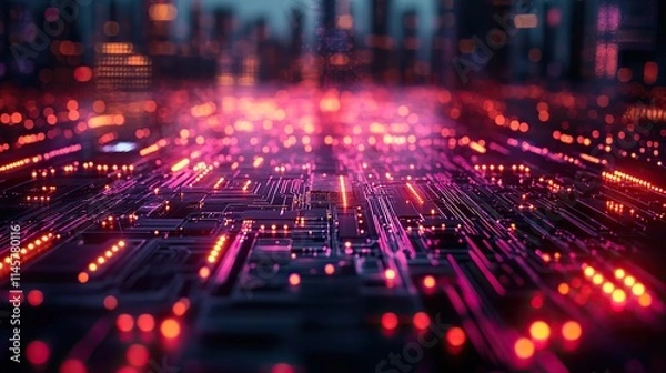 Fototapeta Neon lights, futuristic connection boards, and 3D circuits represent cyber software, programming network information technology, servers in digital computing, cybersecurity, and electronics.