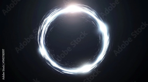 Fototapeta White neon glowing circle. Realistic vector illustration of light lens flare effect of circular shape with bright sparkle and streak. Shiny glare ring with ray and highlight. Luminous round frame.