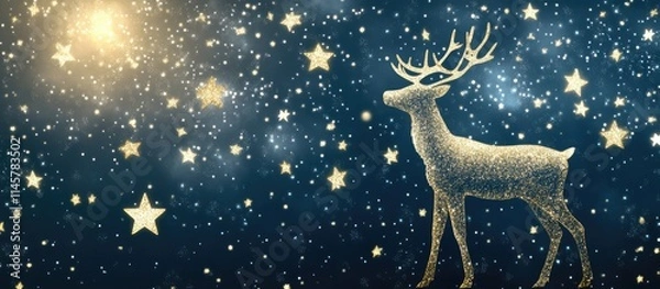 Fototapeta Elegant Christmas card design showcasing a silhouette of a reindeer against a night sky filled with shimmering stars and cosmic elements.