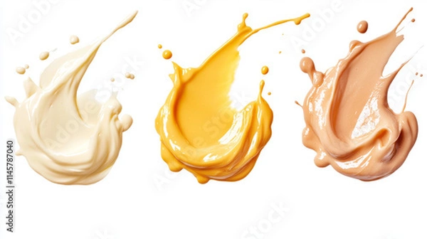 Fototapeta Drips of mayonnaise, cheese sauce or vanilla cream isolated on transparent background. Stains, drops and blobs of mayo sauce, yoghurt or cosmetic mousse, vector realistic set