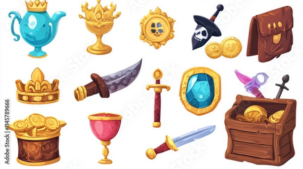 Fototapeta Treasure, golden coins, crystal gems, crown, sword in pile of gold, goblet with precious rocks, ancient fantasy magic game assets, pirate loot isolated on white background, Cartoon vector illustration