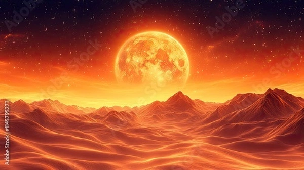 Fototapeta Stars orbit in a galaxy with an orange sky, a universe background for adventure and exploration, a wallpaper design for astronomy and astrology enthusiasts.