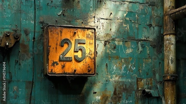 Fototapeta Sunrise illuminating number 25 on weathered wall in industrial setting low resolution photography urban environment artistic perspective