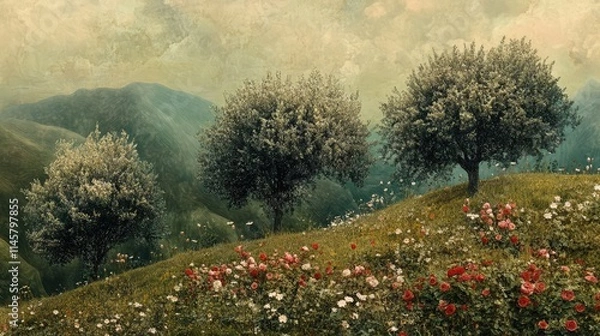 Fototapeta Scenic hillside landscape with blooming flowers and lush trees under a cloudy sky in a tranquil natural setting.
