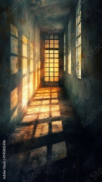 Fototapeta Bright prison cell double exposure photography with light and shadow, symbolizing freedom, isolation, and hope in a unique artistic style. photoshop textures. Ultra realistic. Photorealistic
