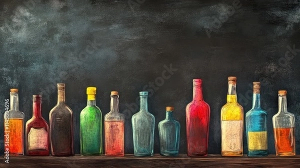 Fototapeta Colorful alcohol bottles neatly arranged on a wooden shelf with a textured chalkboard backdrop for a vintage bar or restaurant setting.