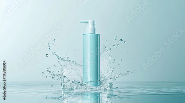Fototapeta Cleanser for face cosmetics bottle mockup banner. Skin care cosmetic pump tube on blue background with water drops. Facial cleansing product packaging design, promo. Realistic 3d vector illustration