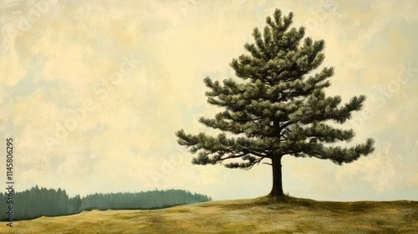 Fototapeta Lone Pine Tree Silhouette Against Soft Sky with Distant Forest Background in Natural Landscape Illustration