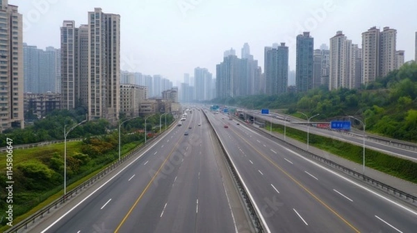 Fototapeta Elevated View of a Highway Cutting Through a Modern Cityscape