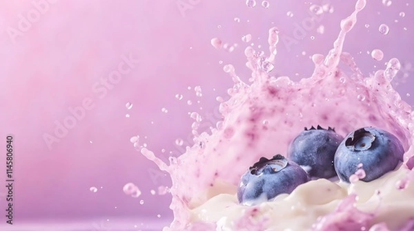 Fototapeta A blueberry fell onto the surface of the yogurt wall, Generative AI 