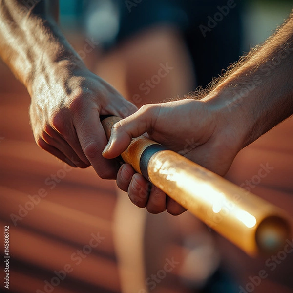 Fototapeta Close-up of hands passing the baton in a race, close-up on a track and field event, an athlete handing a trophy to a homeowner against an abstract background,