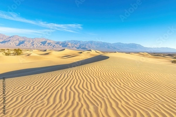 Fototapeta Sandy desert landscape with towering sand dunes death valley nature photography open sky panoramic view serenity and beauty of sand and sun
