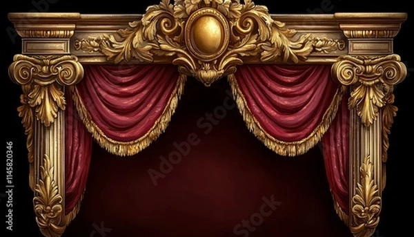 Fototapeta Ornate Gold Frame with Crimson Curtains and Pillars