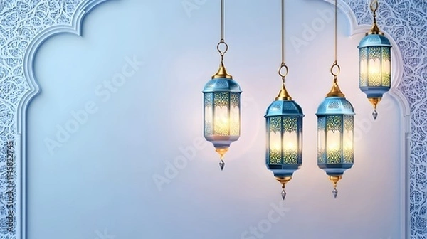 Obraz Elegant Blue Lanterns Hanging Against a Light Blue Background