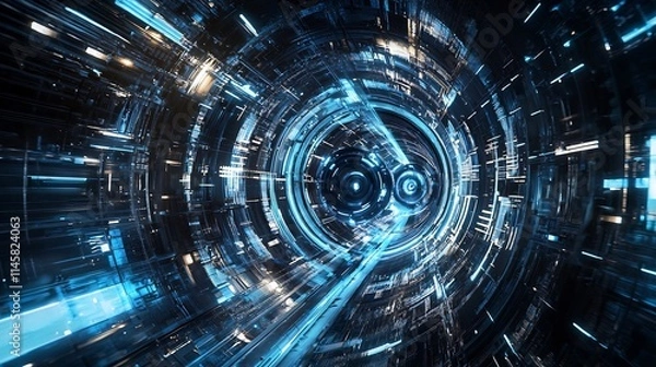 Fototapeta Hyper-Speed Metallic Capsule Racing Through Neon-Lit Futuristic Tunnel