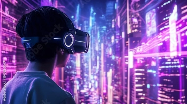 Fototapeta Futuristic Cityscape in Virtual Reality with Neon Lights and 3D Environments
