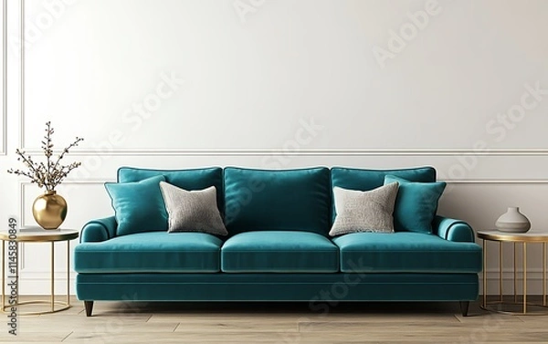 Fototapeta Teal velvet sofa with gray pillows in a minimalist living room.