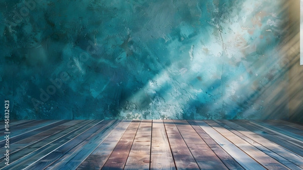 Fototapeta empty room with wooden floor and turquoise background